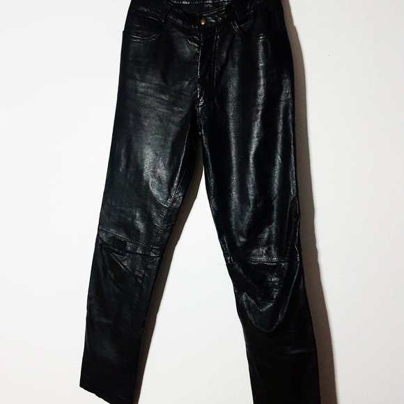 1990s Vintage Black High Waist Leather Pants Size 24 Waist - Picture 2 of 16